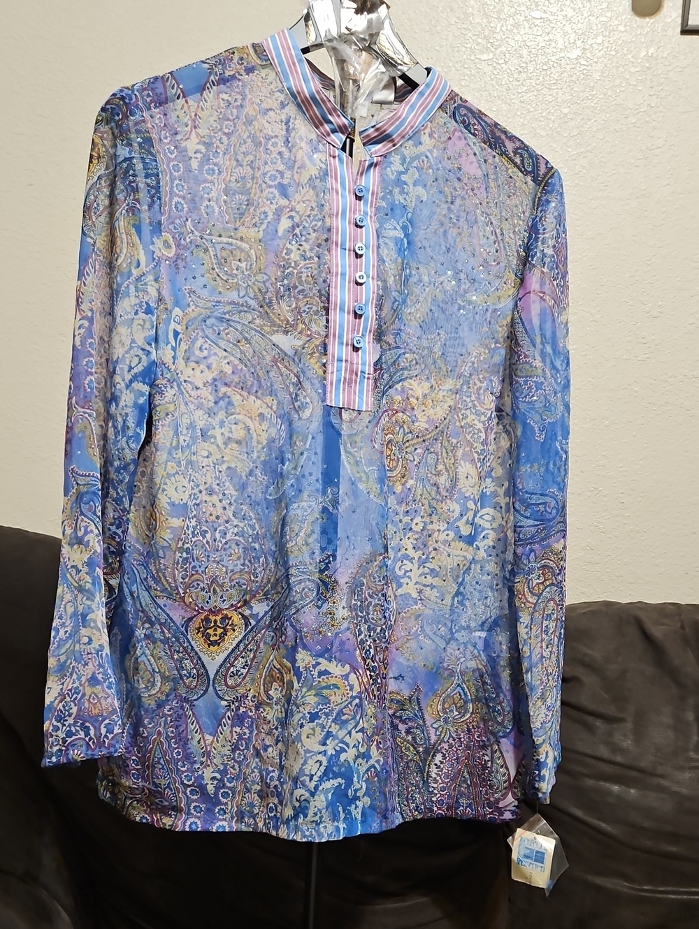 Covington Blue and Pink Paisley Sheer Tunic Blouse
